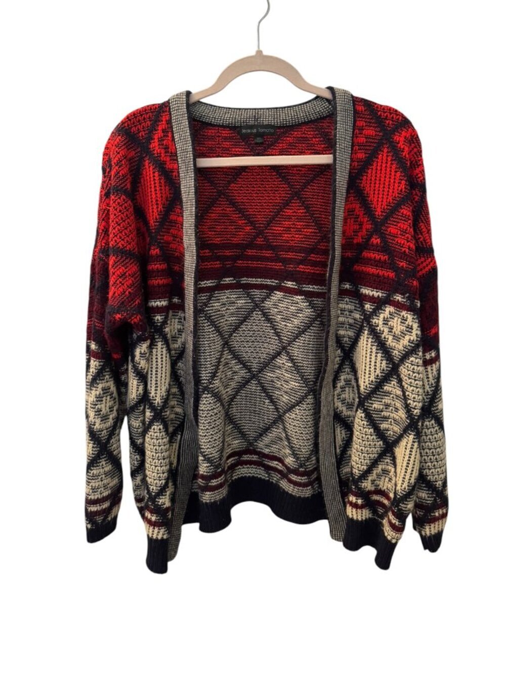 Jealous Tomato Women's M/L Open Knit Tribal Cardigan Navy & Red Boho Sweater
